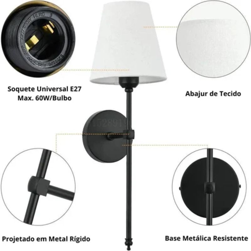 Luminária Arandela de Parede Sem Fio com Controle Remoto Abajur Estilo Clássico – Dourado/Preto