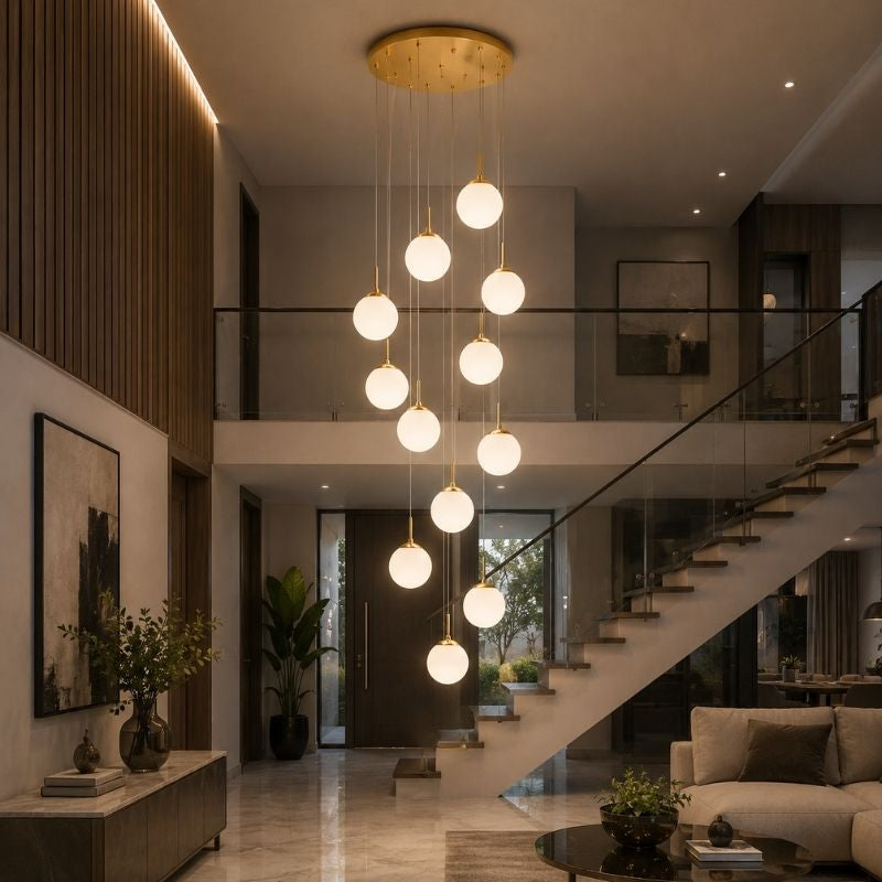 Lustre Pendente de Luxo para Pé-Direito Duplo Globos Estilo Clássico LEDZ -  Dourado/Prata – 6 Globos / 9 Globos / 12 Globos / 18 Globos / 24 Globos