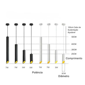 Lustre Pendente Moderno Minimalista Tubular Domus Ledz – Preto/Branco – 25cm/30cm/40cm/50cm