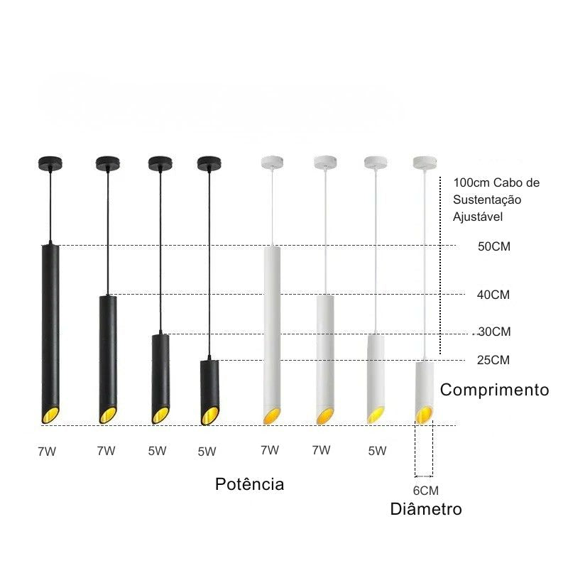 Lustre Pendente Moderno Minimalista Tubular Domus Ledz – Preto/Branco – 25cm/30cm/40cm/50cm