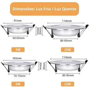 KIT 10 Un. - Spot Led de Embutir Redondo Branco Acabamento Cromado 5W, 9W, 12W, 15W - LEDZ 10VX