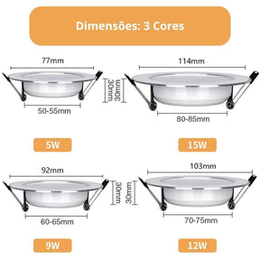 KIT 10 Un. - Spot Led de Embutir Redondo Branco Acabamento Cromado 5W, 9W, 12W, 15W - LEDZ 10VX