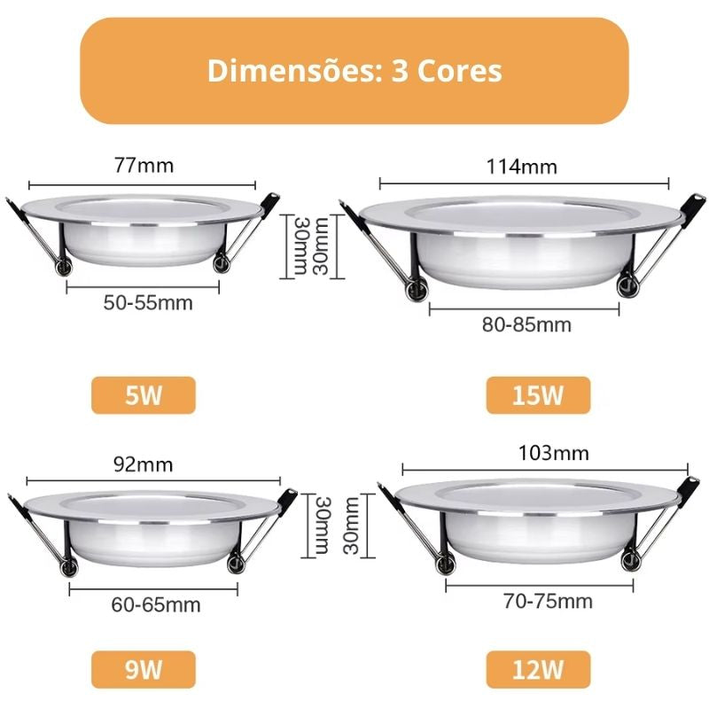 KIT 10 Un. - Spot Led de Embutir Redondo Branco Acabamento Cromado 5W, 9W, 12W, 15W - LEDZ 10VX