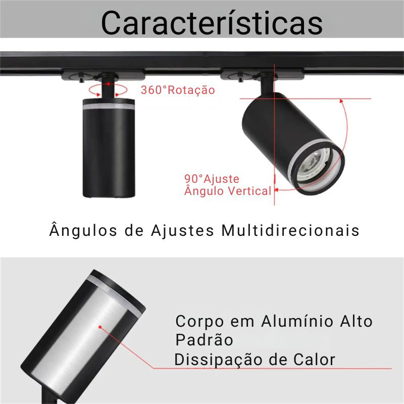 Luminária Trilho de Teto Eletrificado Modular Com Spots Ajustáveis, GU10, LEDZ - Preto/Branco