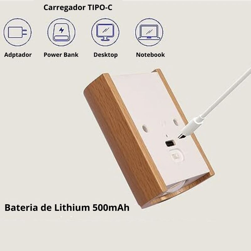 Luminária Arandela de Parede Sem Fio Com Sensor de Presença Recarregável - Small Wood