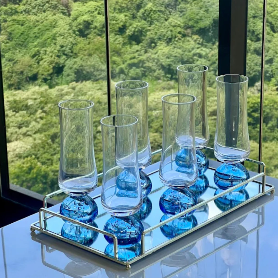 Jogo 6 Taças Champanhe Base Esfera Azul e Transparente 240ml