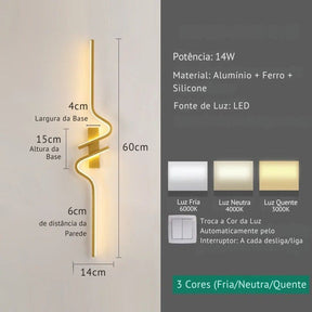 Luminária Arandela de Parede Minimalista Estilo Nordico Sorelle Slim LEDZ – 60cm/80cm/100cm – Dourado/Preto
