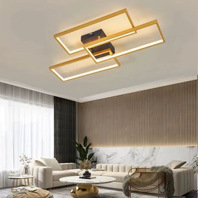 Lustre Luminária de Teto Geométrico Retangular Minimalista Com Controle Remoto e App de Celular – Preto/Branco/Dourado – 60cm/78cm