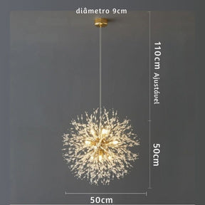 Lustre Pendente Moderno Dente de Leão Led - Dourado/Prata - 55cm