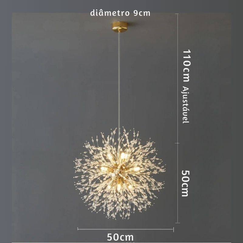Lustre Pendente Moderno Dente de Leão Led - Dourado/Prata - 55cm