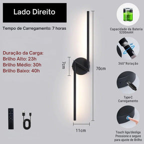 Luminária Arandela de Parede Sem Fio Com Controle Remoto – Endurance LEDZ – Preto – 70cm