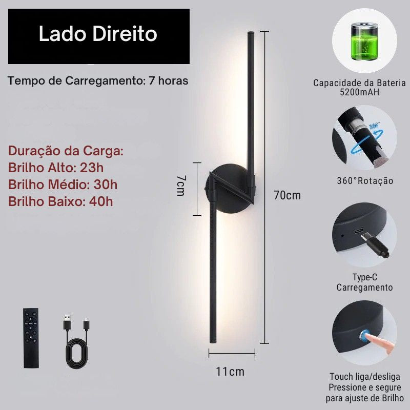 Luminária Arandela de Parede Sem Fio Com Controle Remoto – Endurance LEDZ – Preto – 70cm