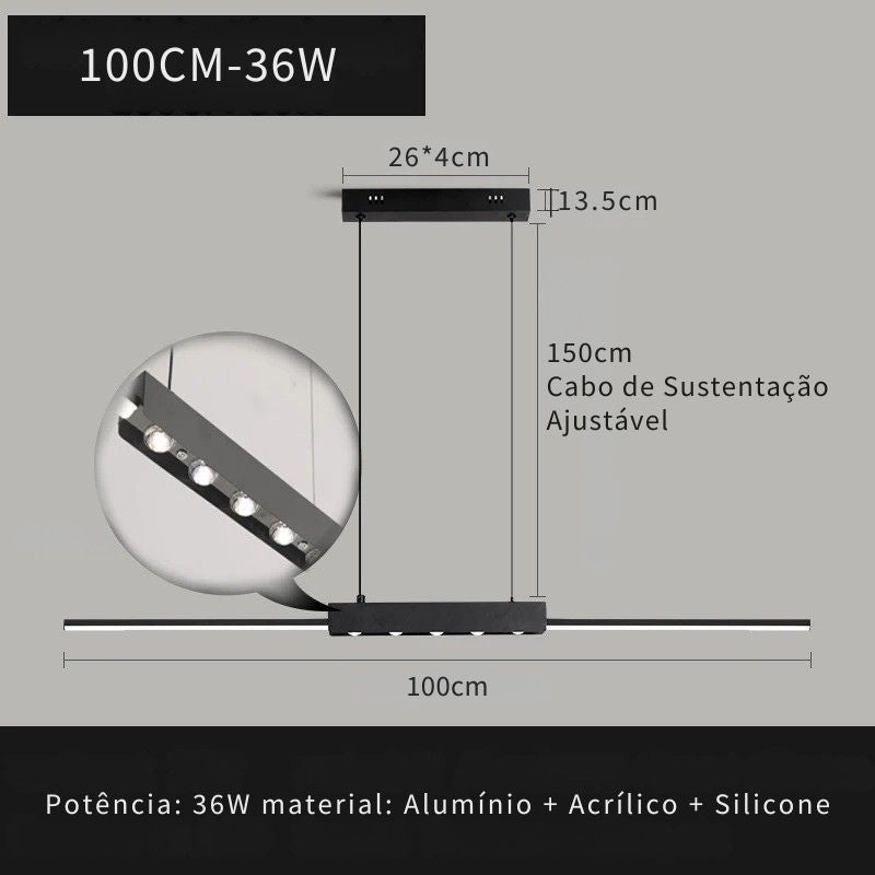 Lustre Pendente Minimalista Linear Slim com Foco em LED Central Pulse LEDZ – Preto – 100cm