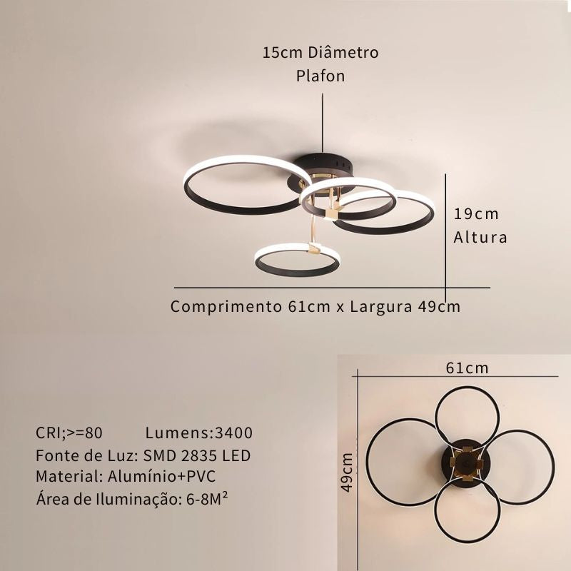 Lustre Luminária de Teto Circular Minimalista Com Controle Remoto e App de Celular Livorno LEDZ – Dourado / Prata / Preto – 61cm / 80cm