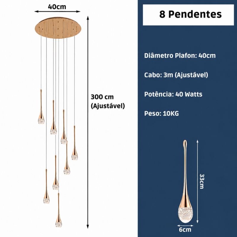 Lustre Pendente de Luxo para Pé-Direito Duplo Pingo Dourado/Preto LEDZ – 6 Pingos / 8 Pingos / 10 Pingos / 12 Pingos / 15 Pingos