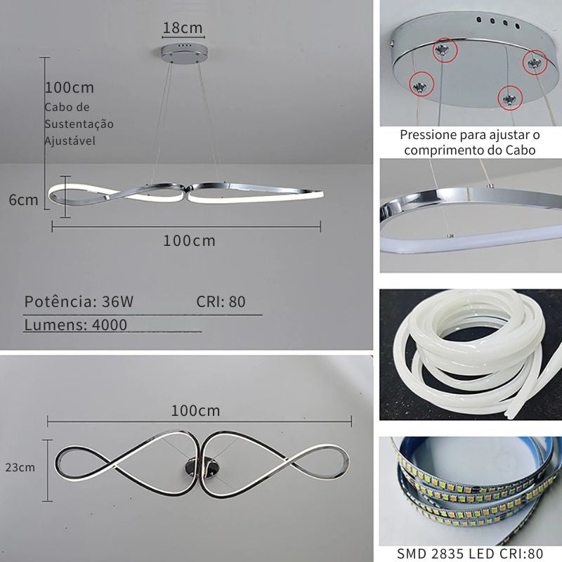 Lustre Pendente Minimalista Orgânico Gran Luxo Verona LEDZ – Dourado/Prata/Preto – 100cm – Controle Remoto e App