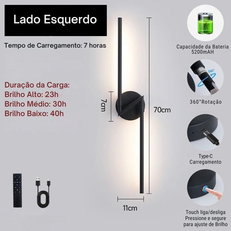 Luminária Arandela de Parede Sem Fio Com Controle Remoto – Endurance LEDZ – Preto – 70cm
