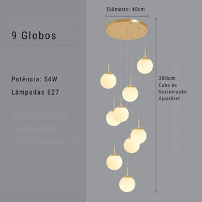 Lustre Pendente de Luxo para Pé-Direito Duplo Globos Estilo Clássico LEDZ -  Dourado/Prata – 6 Globos / 9 Globos / 12 Globos / 18 Globos / 24 Globos