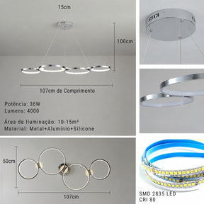 Lustre Pendente Minimalista Orgânico Firenze LEDZ – Dourado/Prata/Preto – 107cm
