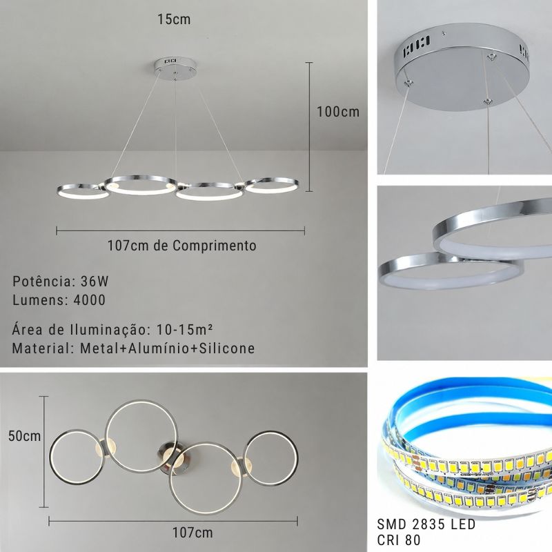 Lustre Pendente Minimalista Orgânico Firenze LEDZ – Dourado/Prata/Preto – 107cm