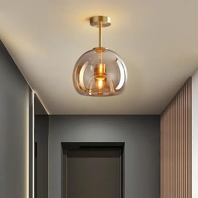 Lustre Luminária de Teto Plafon de Luxo com Cúpula de Vidro Monza LEDZ – Dourado - Âmbar / Preto – Fumê