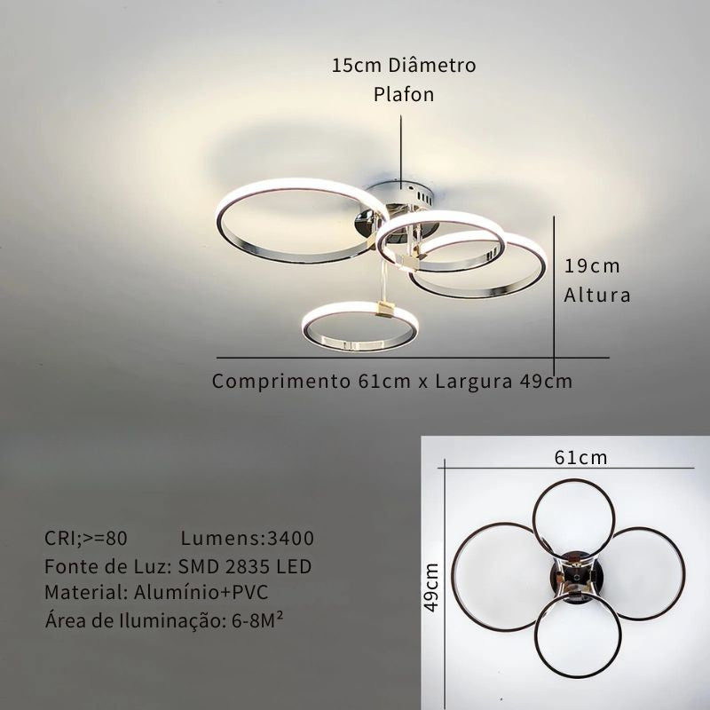 Lustre Luminária de Teto Circular Minimalista Com Controle Remoto e App de Celular Livorno LEDZ – Dourado / Prata / Preto – 61cm / 80cm