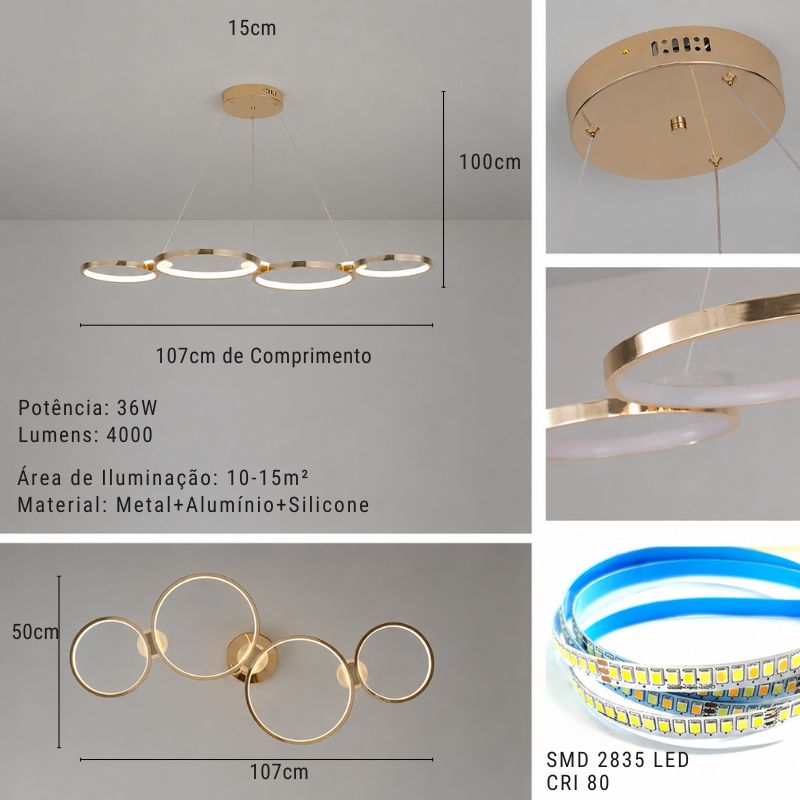 Lustre Pendente Minimalista Orgânico Firenze LEDZ – Dourado/Prata/Preto – 107cm