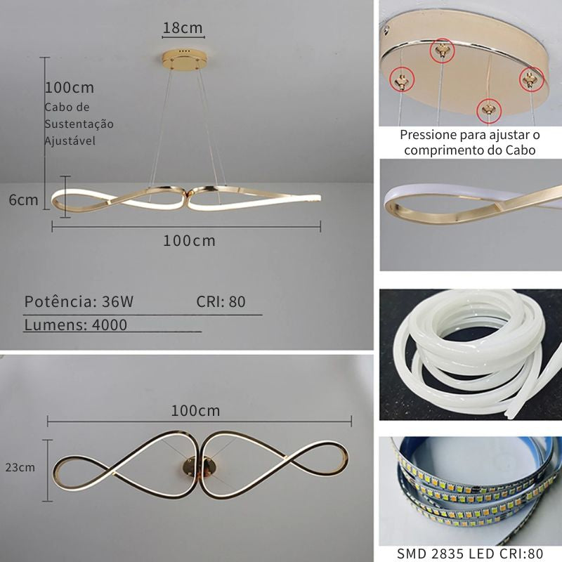 Lustre Pendente Minimalista Orgânico Gran Luxo Verona LEDZ – Dourado/Prata/Preto – 100cm – Controle Remoto e App