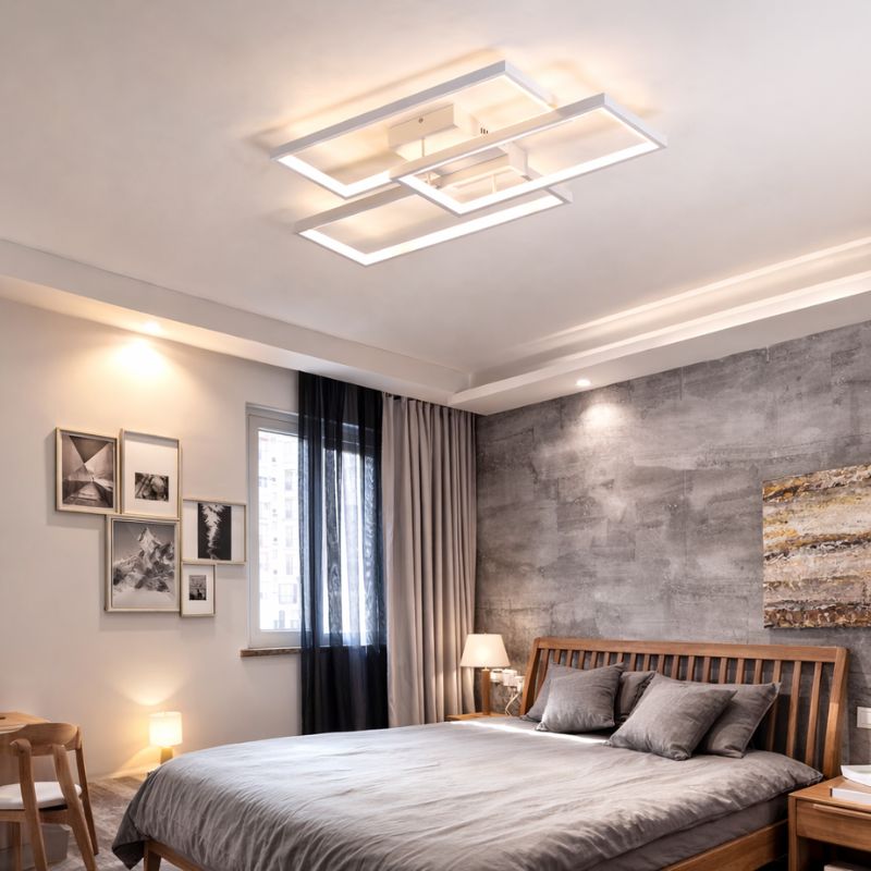 Lustre Luminária de Teto Geométrico Retangular Minimalista Com Controle Remoto e App de Celular – Preto/Branco/Dourado – 60cm/78cm