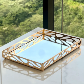 Bandeja em Metal Espelhada Leaf Dourada 27cm