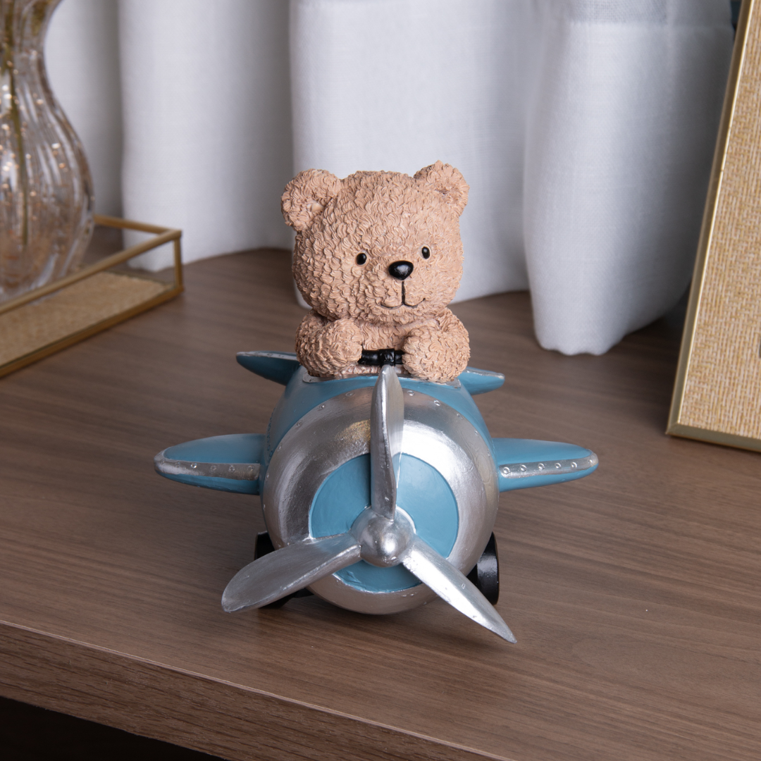 Figura Decorativa Urso Aventureiro Teddy Charm em Resina 17cm