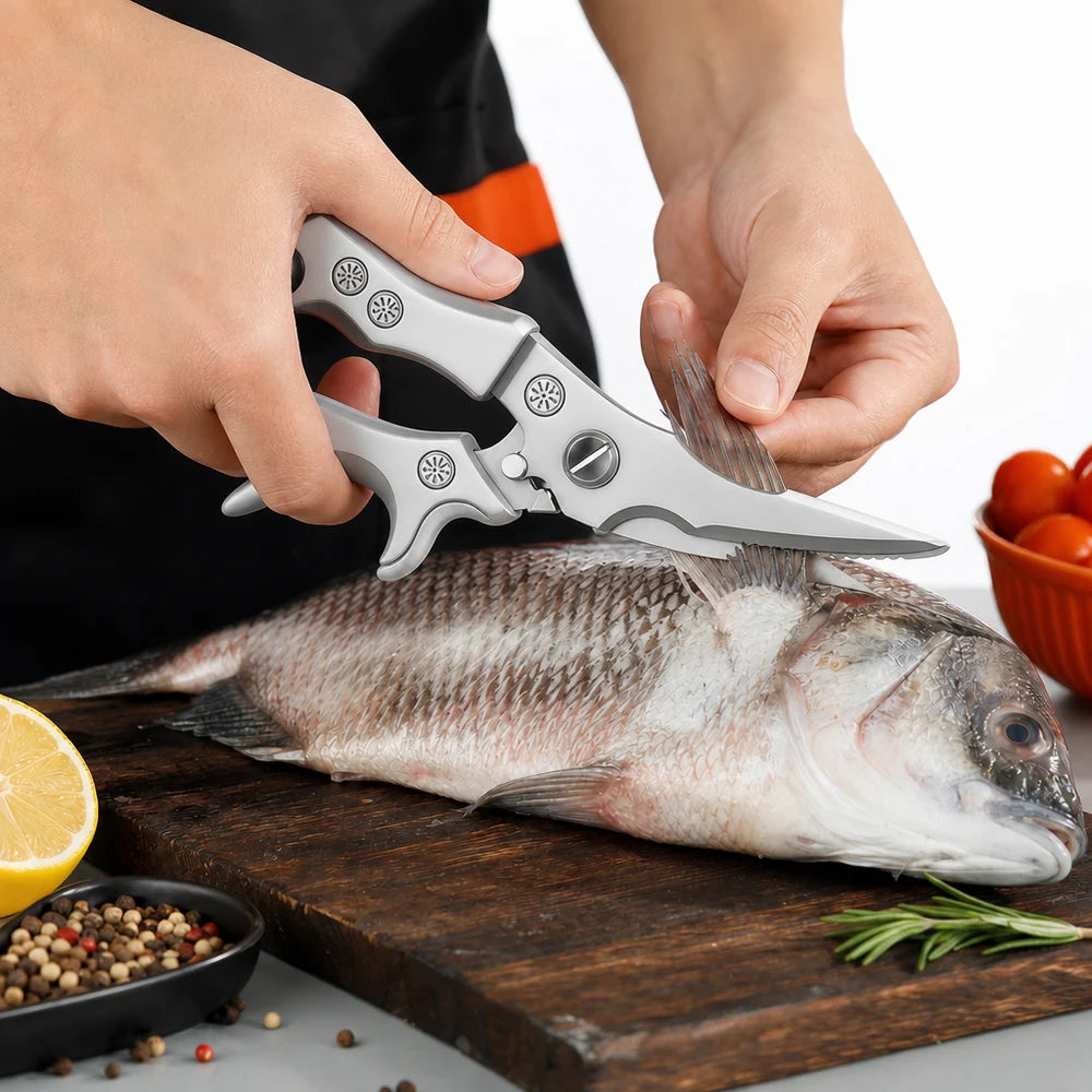 Tesoura trinchante raspando escamas de um peixe sobre tábua de madeira
