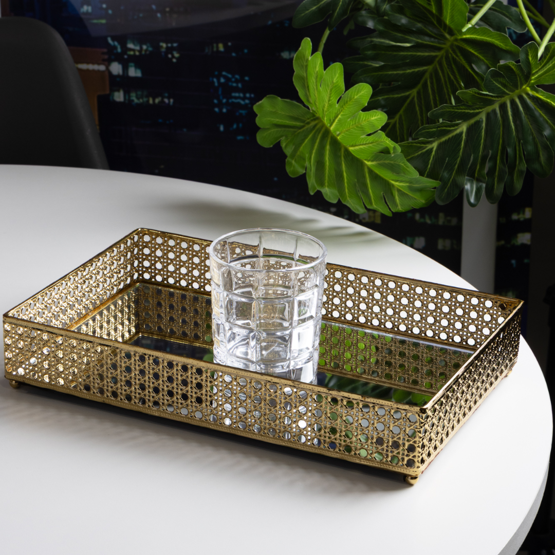 Bandeja de Metal Versalhes com Espelho Dourado 32cm