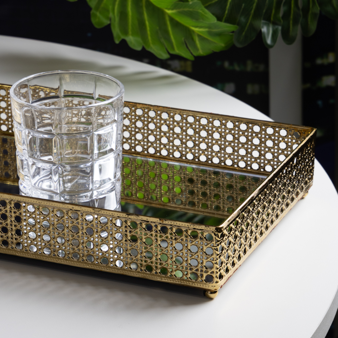 Bandeja de Metal Versalhes com Espelho Dourado 32cm