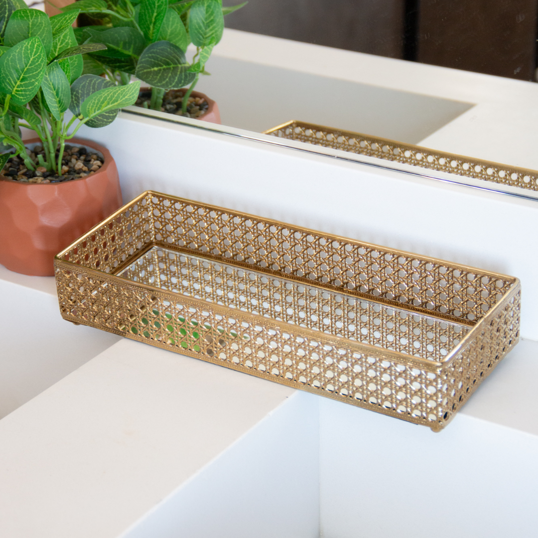 Bandeja Retangular de Metal Versalhes com Espelho Dourado 32cm