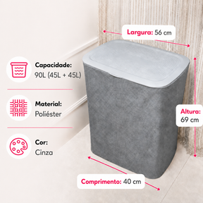 Cesto de Roupas Duplo Premium Cinza 90 Litros