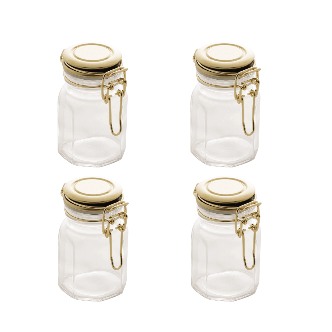 Kit 4 Porta Temperos Herméticos Vidro e Metal Dourado
