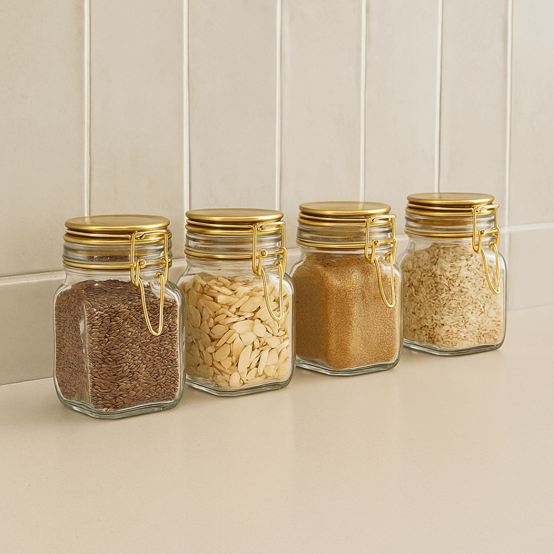 Kit 4 Porta Temperos Herméticos Vidro e Metal Dourado