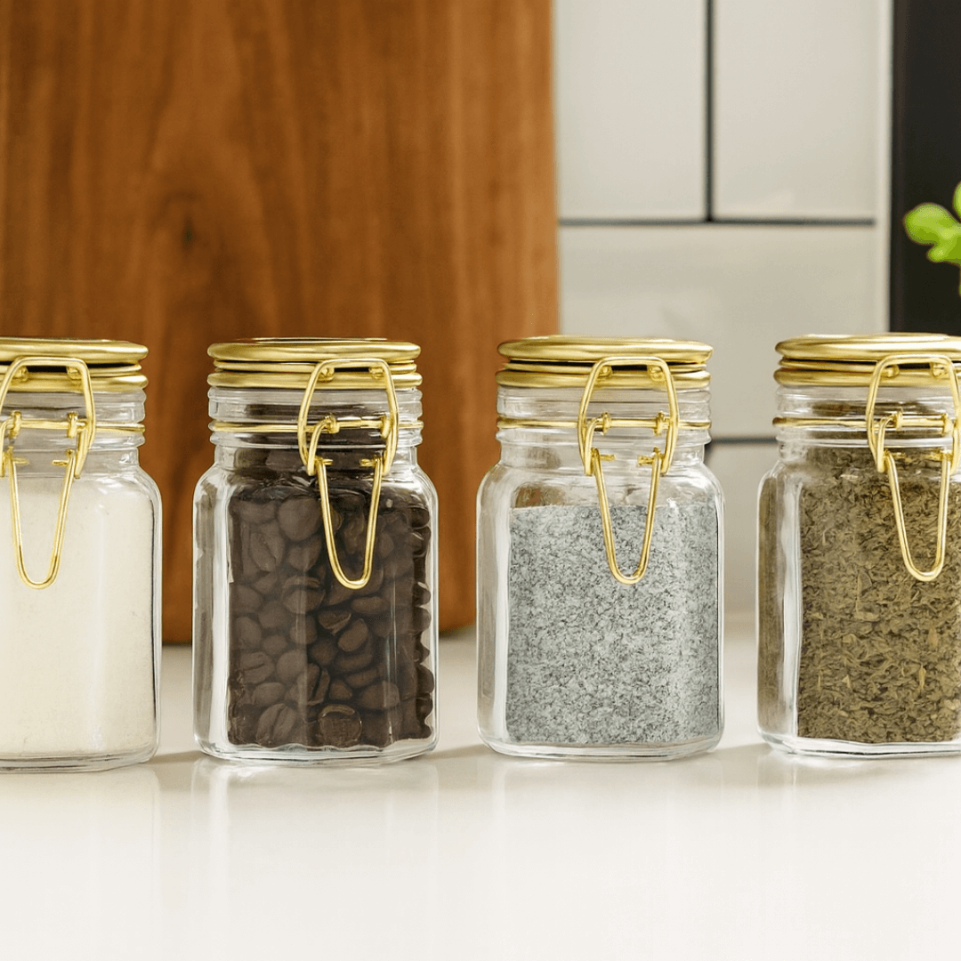 Kit 4 Porta Temperos Herméticos Vidro e Metal Dourado