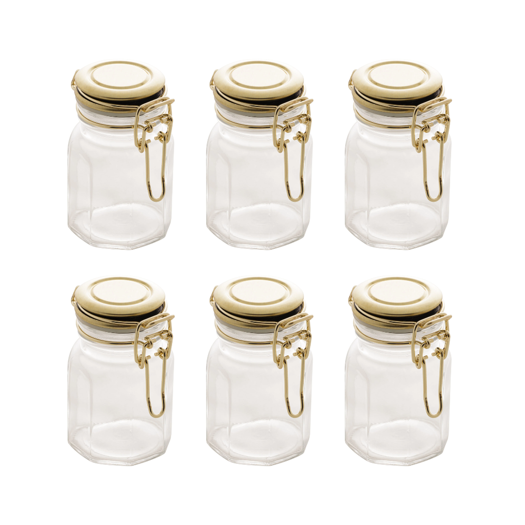 Kit 6 Porta Temperos Hermético Vidro e Metal Dourado