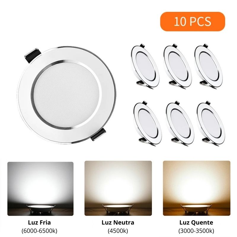 KIT 10 Un. - Spot Led de Embutir Redondo Branco Acabamento Cromado 5W, 9W, 12W, 15W - LEDZ 10VX