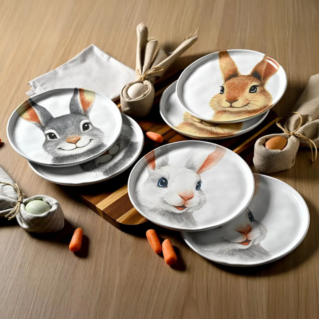 Jogo 6 Pratos de Sobremesa Coelhos Páscoa Cerâmica 21,5cm