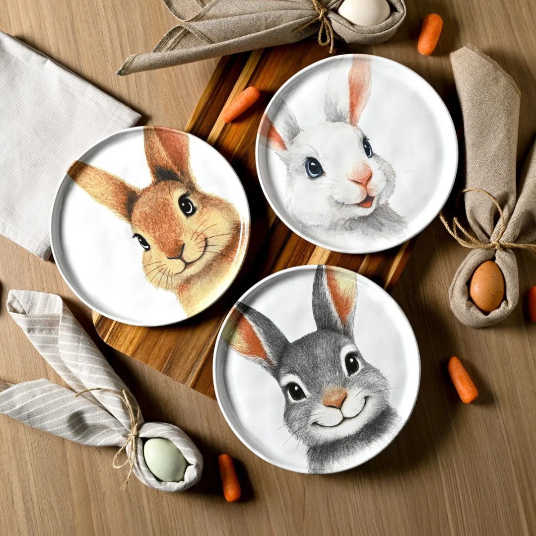 Jogo 6 Pratos de Sobremesa Coelhos Páscoa Cerâmica 21,5cm