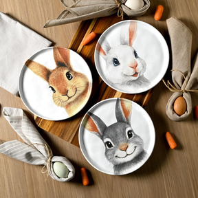 Jogo 6 Pratos de Sobremesa Coelhos Páscoa Cerâmica 21,5cm