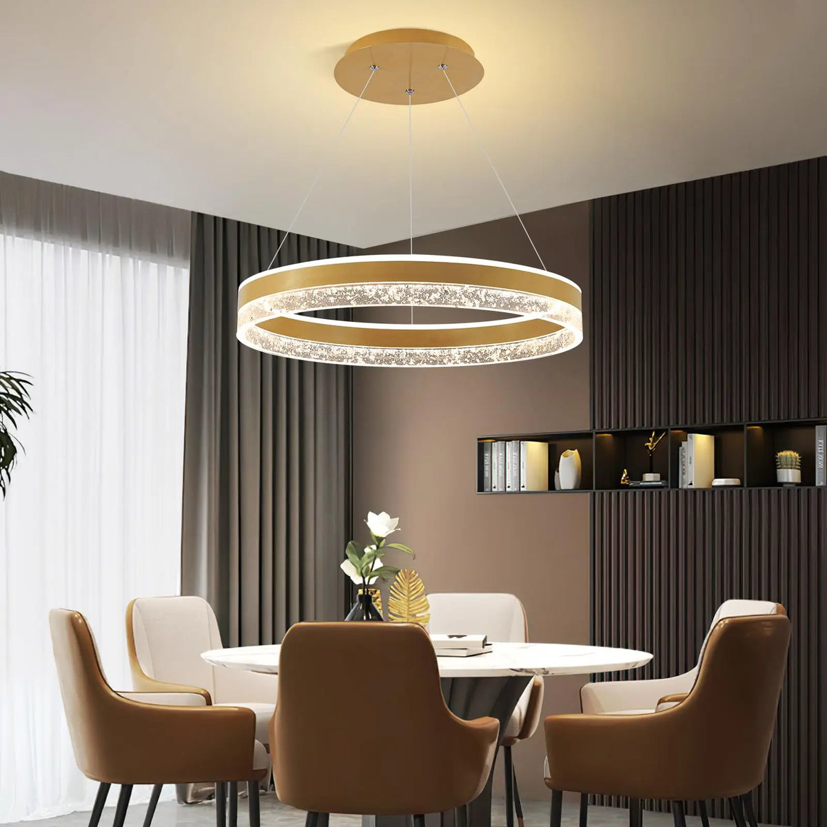 Lustre Pendente de Luxo Circular Versailles LEDZ - Preto/Branco/Dourado - 50cm