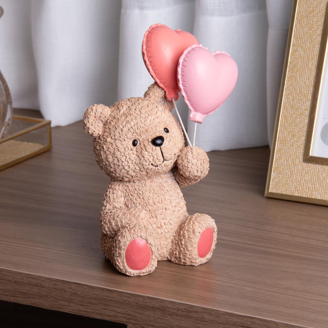 Figura Decorativa Urso com Balões Teddy Charm em Resina 20cm