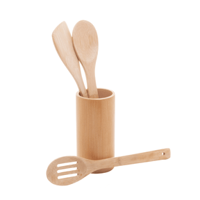 Conjunto de 3 Utensílios com Suporte de Bambu 30x8cm