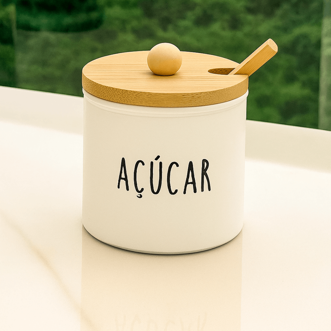 Açucareiro de Vidro Doha com Colher e Tampa de Bambu 300ml