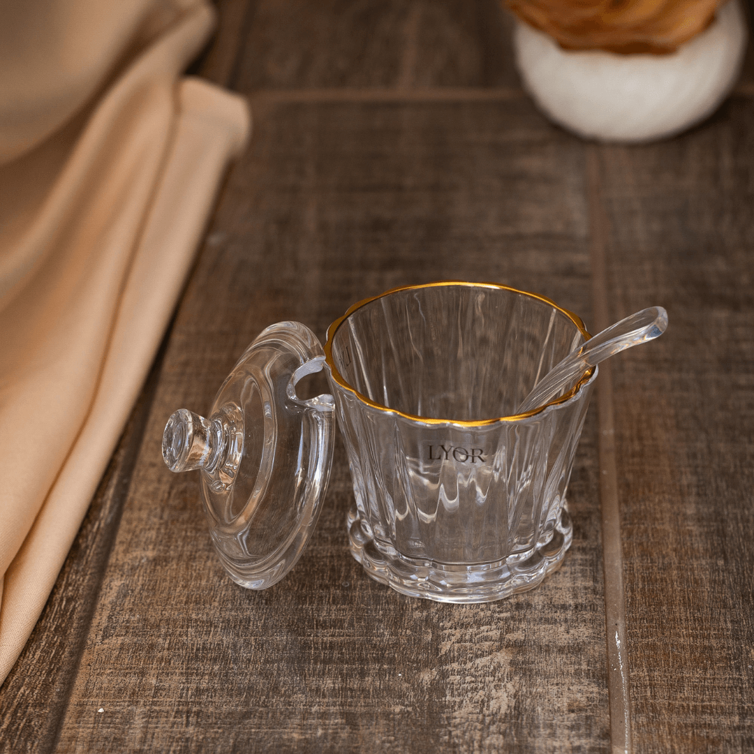 Açucareiro Radial em Cristal com Colher Fio de Ouro 210ml