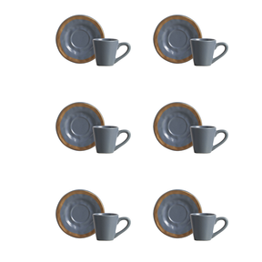 Jogo 6 Xicaras de Café com Pires Azul Filete Amassada 100ml